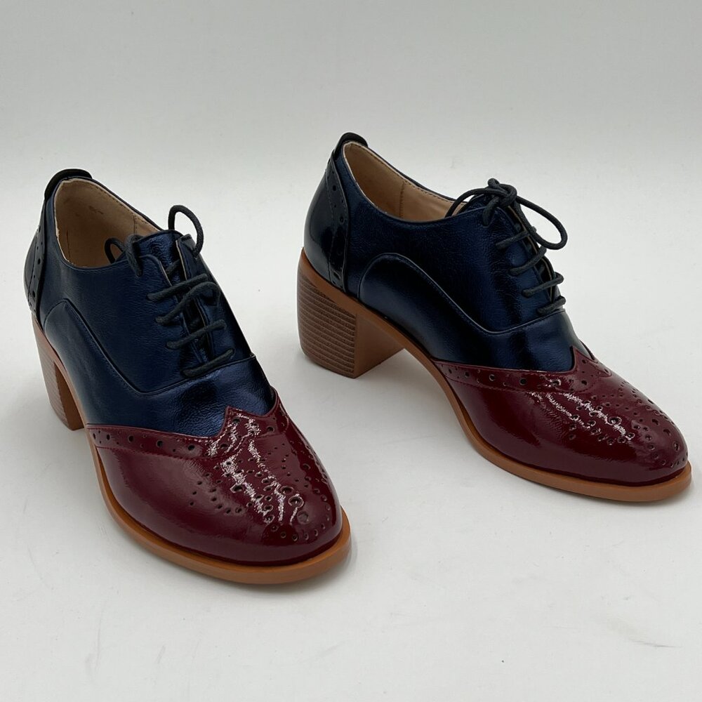 Women's Two-Tone Block Heel Oxford - Navy and Burgundy